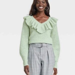 A New Day Women's V-Neck Ruffle Cozy Pullover Sweater Mint Green Size Small
